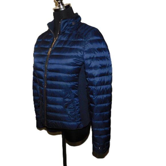 Zara Woman Down Puffer Jacket Navy Blue With Gold Tone Hardware Size Small - Picture 5 of 9